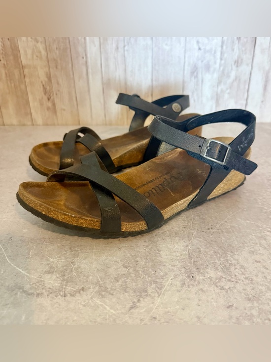 Papillio Shoes - Papillio by Birkenstock Alyssa Low-Wedge Black Leather Ankle-Strap Sandals 8